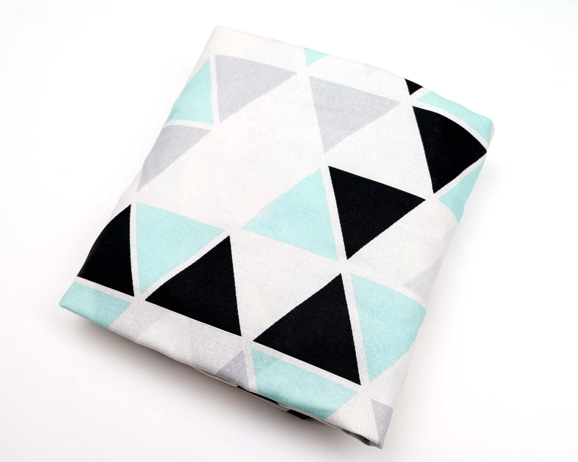 Minty Origami Fitted Crib Sheet featuring a modern triangle pattern in mint green, black, and light gray on a white background.