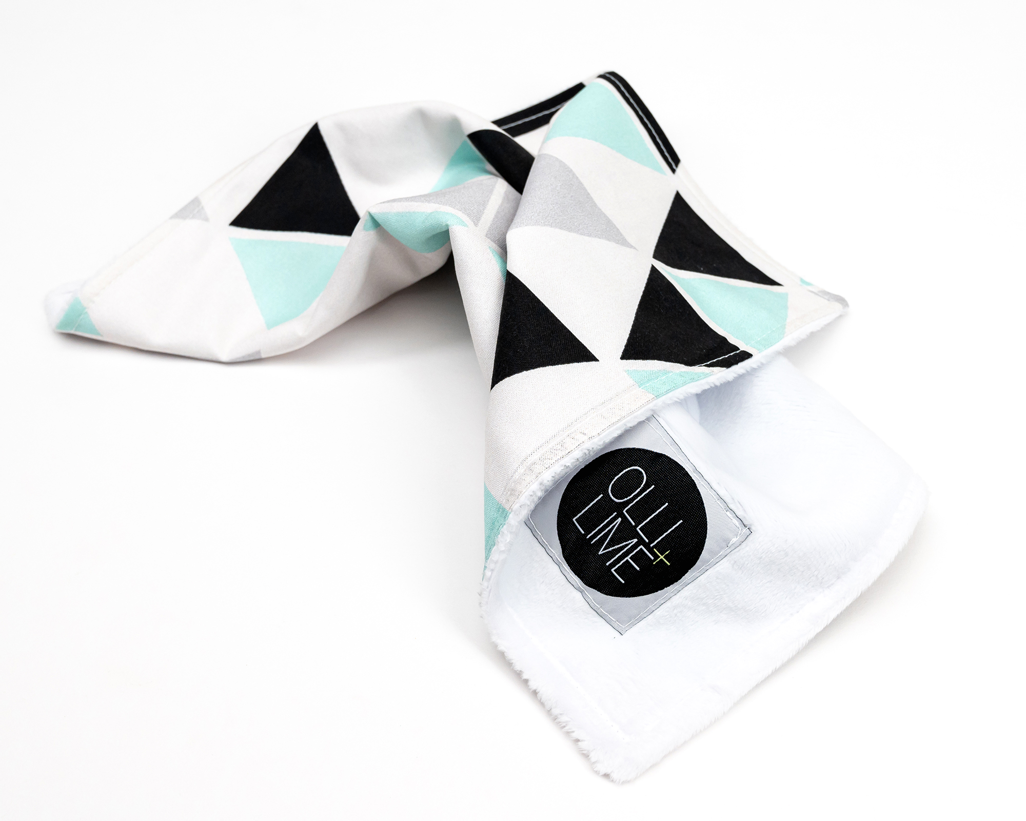 Minty Origami Lovey featuring geometric shapes in mint green and gray, perfect for children.