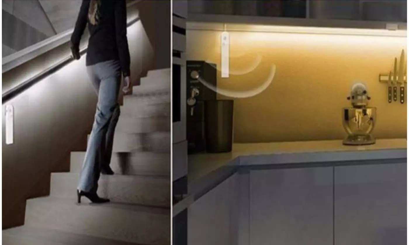 Motion Sensor LED Light Strips measuring 6.5 feet, ideal for wardrobe, bathroom, and stair lighting, featuring a motion-activated sensor and adhesive backing.