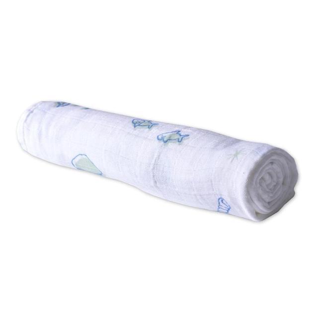 Ocean Swaddle made from 100% natural cotton muslin, featuring a soft and breathable design in a calming ocean-themed pattern.