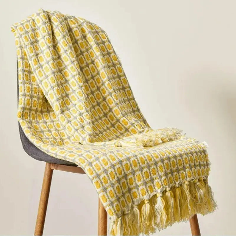 Pastoral Style Yellow Knitted Woolen Blanket featuring a Houndstooth pattern, handwoven with imitation cashmere for luxurious comfort.