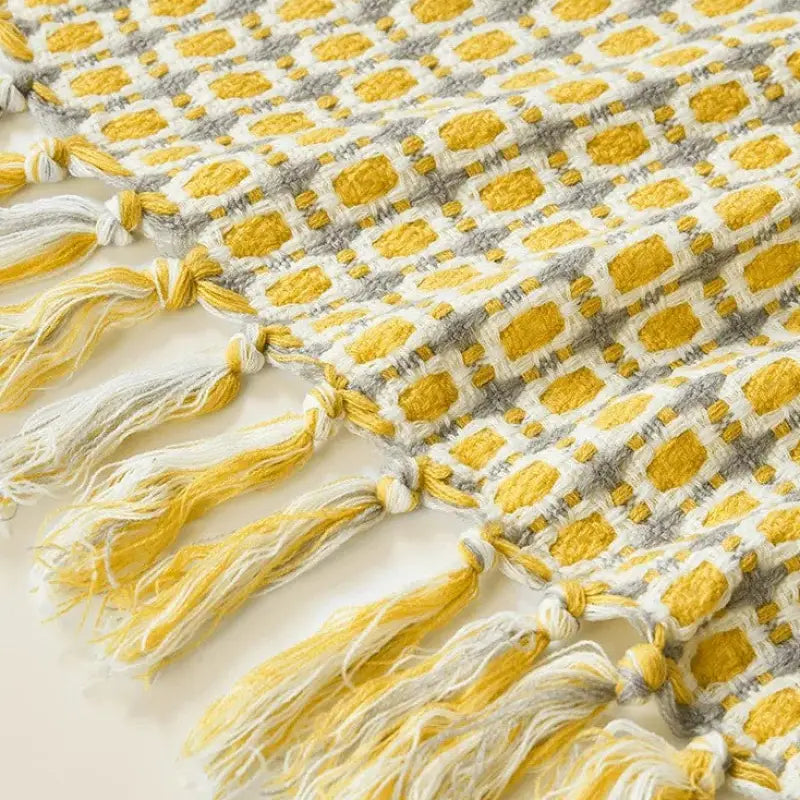 Pastoral Style Yellow Knitted Woolen Blanket featuring a Houndstooth pattern, handwoven with imitation cashmere for luxurious comfort.