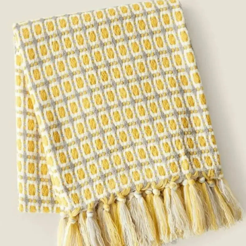 Pastoral Style Yellow Knitted Woolen Blanket featuring a Houndstooth pattern, handwoven with imitation cashmere for luxurious comfort.