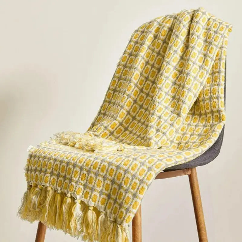 Pastoral Style Yellow Knitted Woolen Blanket featuring a Houndstooth pattern, handwoven with imitation cashmere for luxurious comfort.