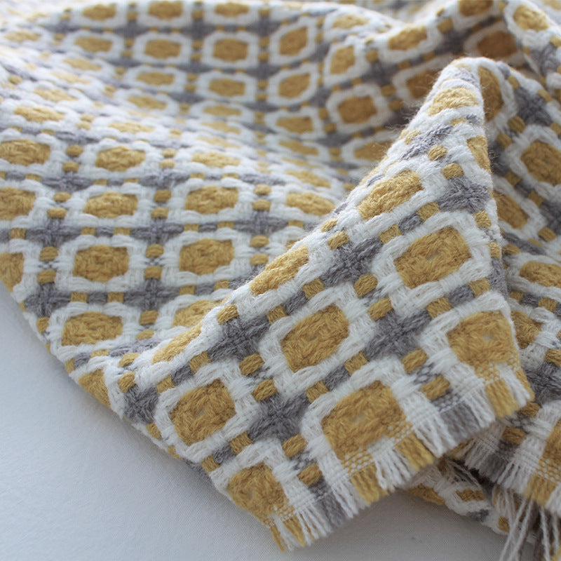 Pastoral Style Yellow Knitted Woolen Blanket featuring a Houndstooth pattern, handwoven with imitation cashmere for luxurious comfort.