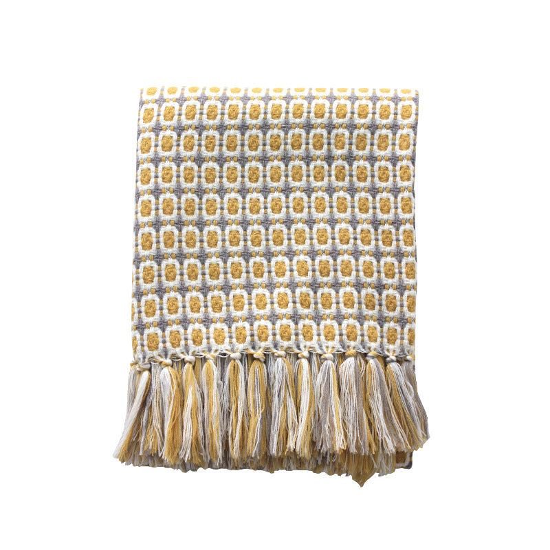 Pastoral Style Yellow Knitted Woolen Blanket featuring a Houndstooth pattern, handwoven with imitation cashmere for luxurious comfort.