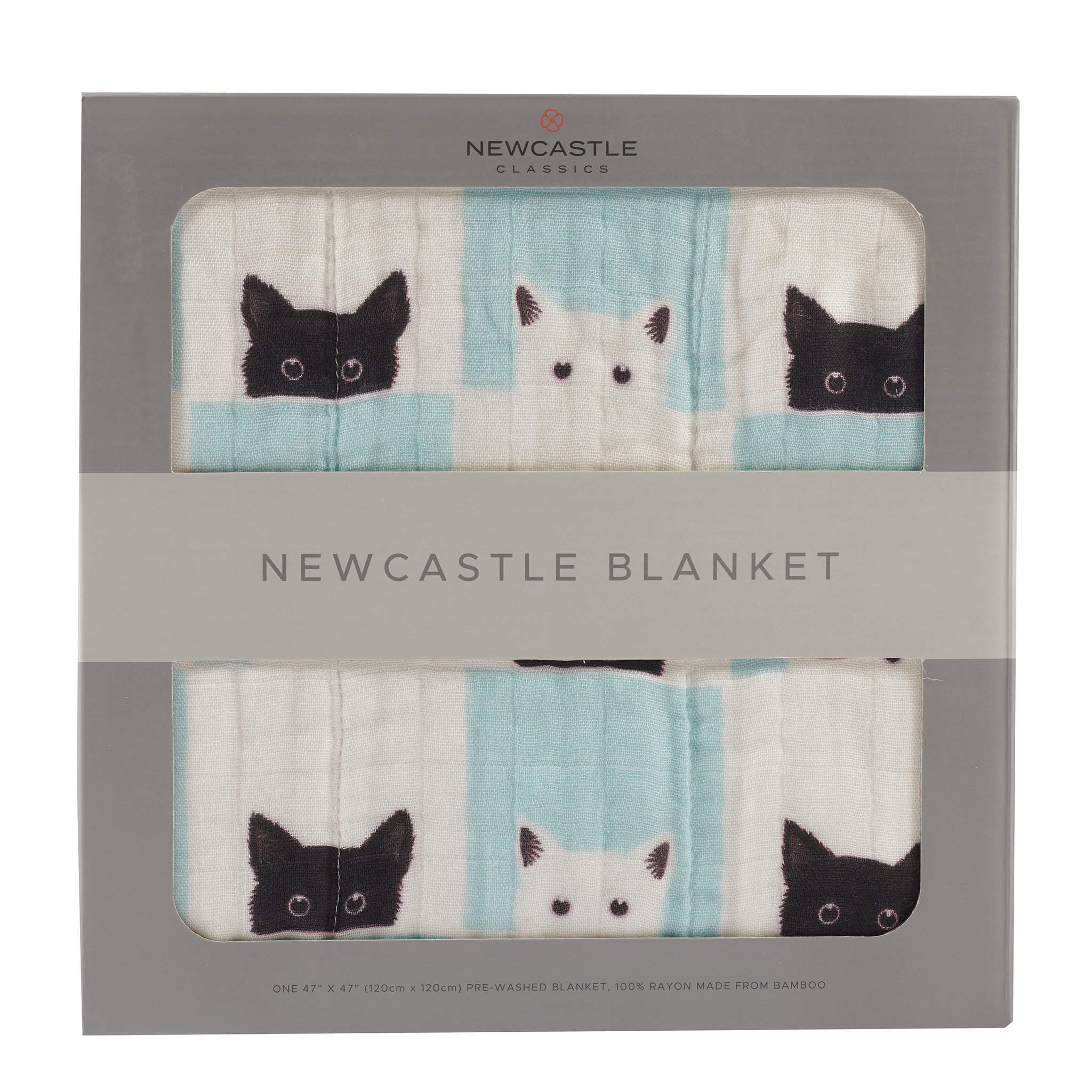 A cozy Peek-A-Boo Cats and White Newcastle Blanket made from 100% natural bamboo muslin, featuring playful cat designs, perfect for kids.