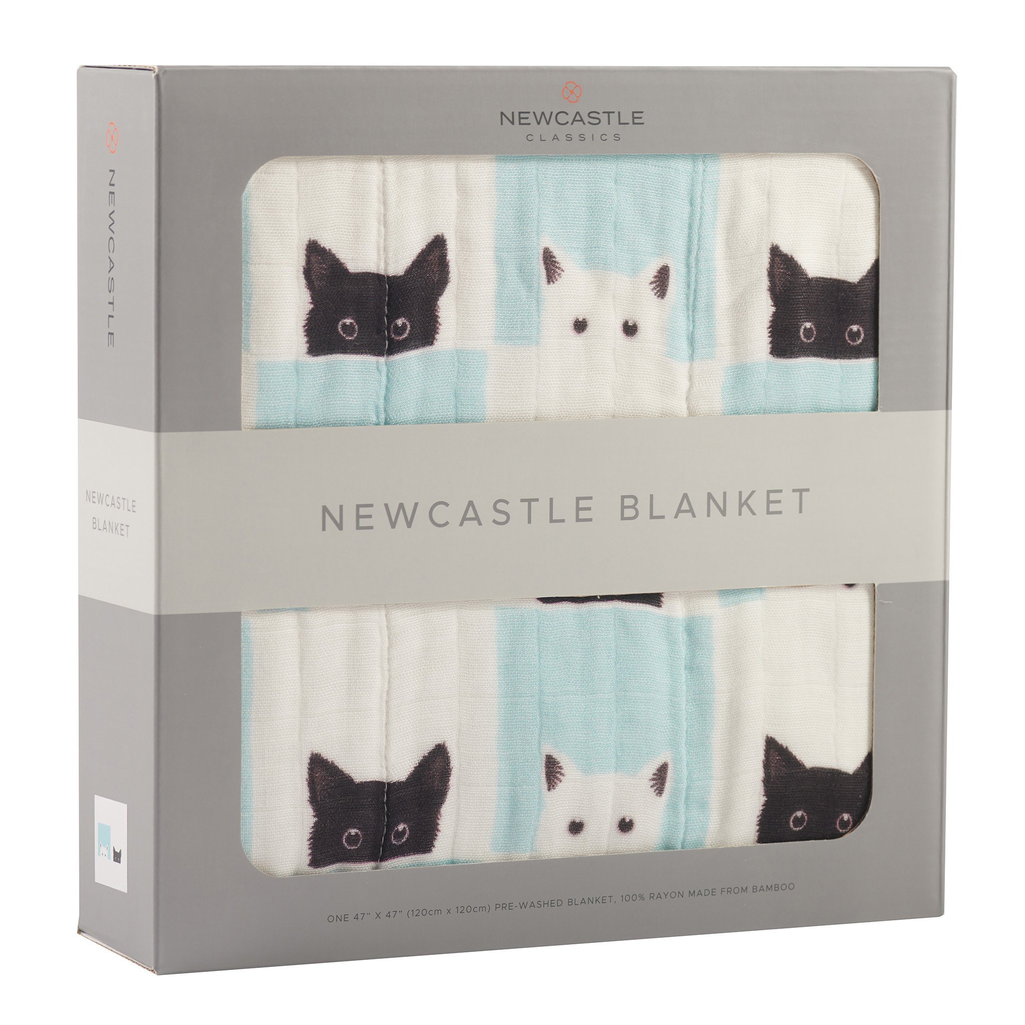 A cozy Peek-A-Boo Cats and White Newcastle Blanket made from 100% natural bamboo muslin, featuring playful cat designs, perfect for kids.