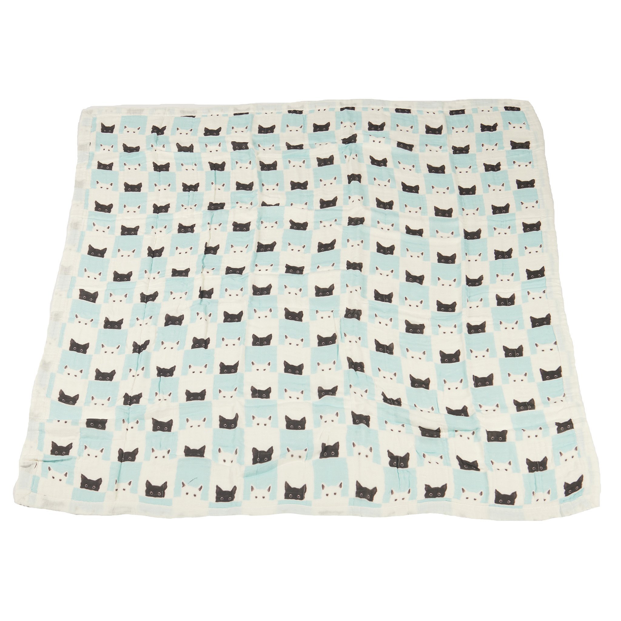 A cozy Peek-A-Boo Cats and White Newcastle Blanket made from 100% natural bamboo muslin, featuring playful cat designs, perfect for kids.