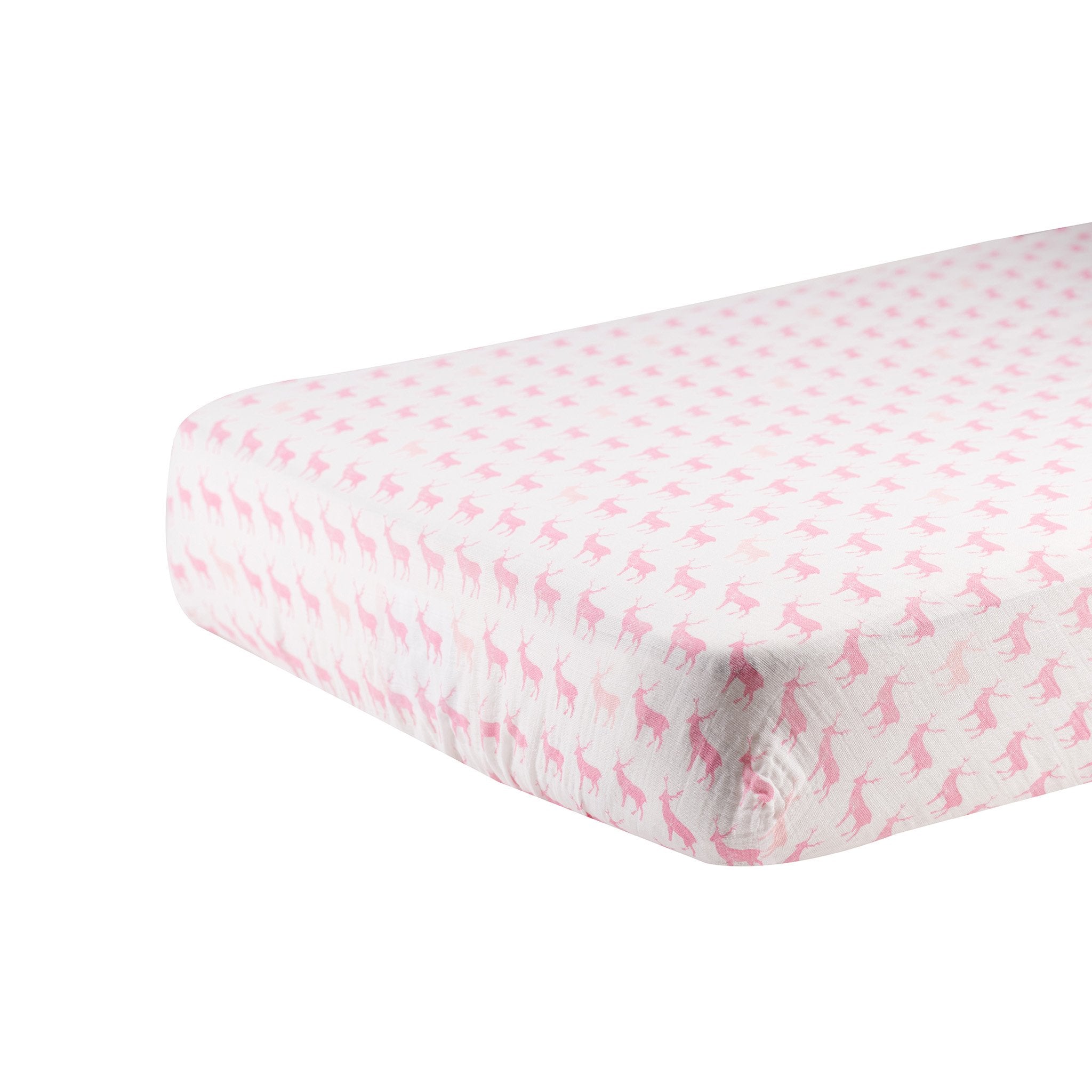 Pink Deer Cotton Muslin Crib Sheet featuring a soft, breathable design with a whimsical deer pattern, perfect for nursery decor.