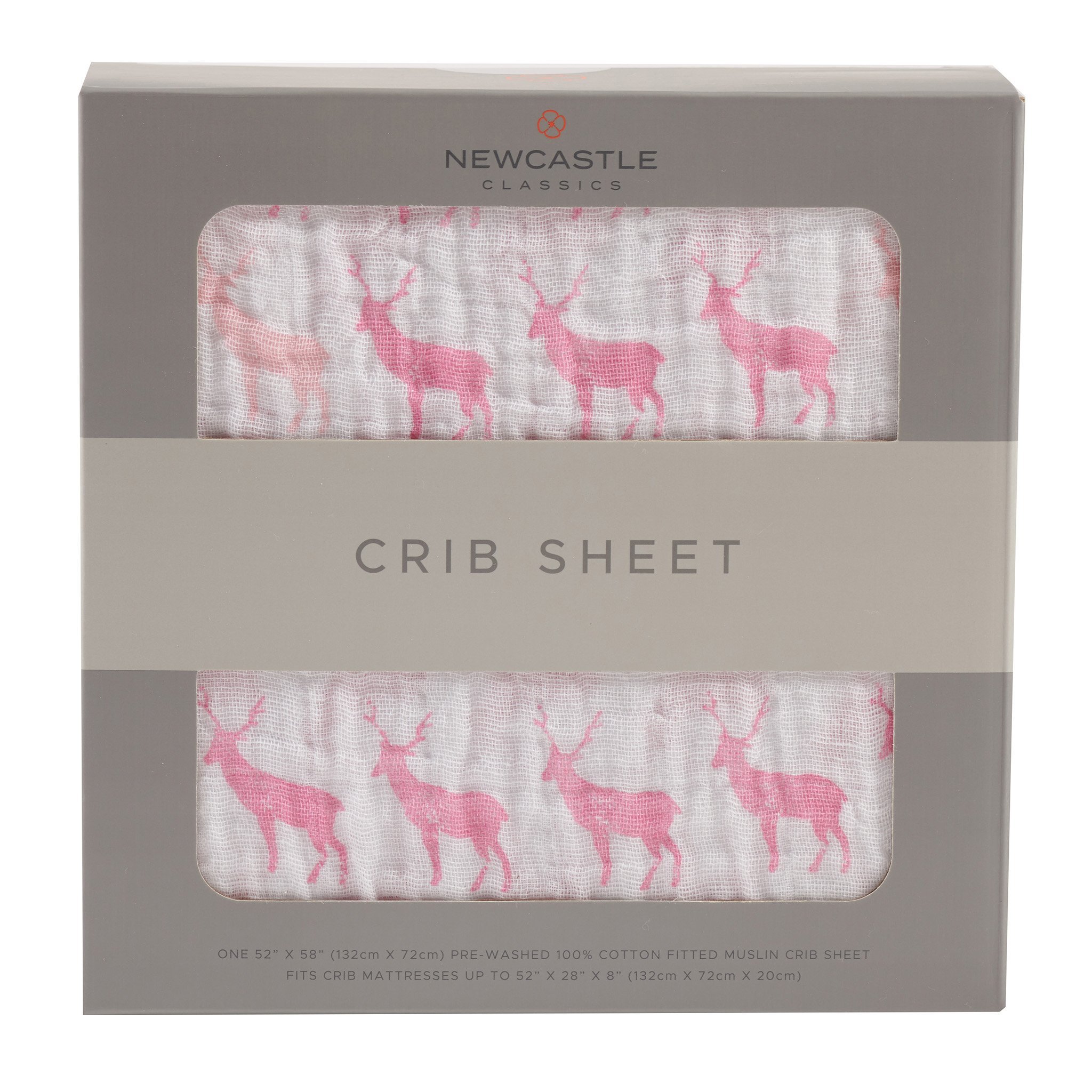 Pink Deer Cotton Muslin Crib Sheet featuring a soft, breathable design with a whimsical deer pattern, perfect for nursery decor.