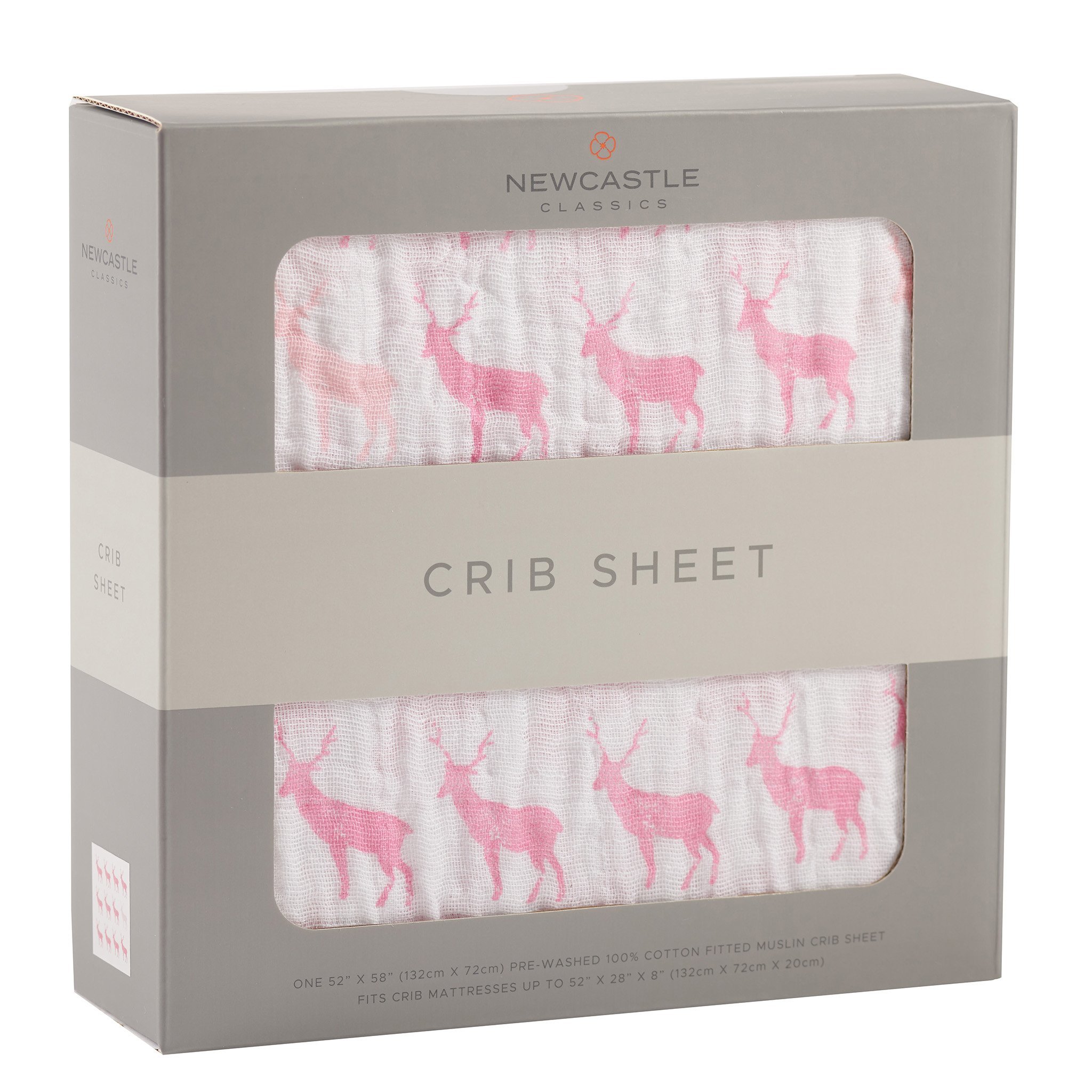 Pink Deer Cotton Muslin Crib Sheet featuring a soft, breathable design with a whimsical deer pattern, perfect for nursery decor.