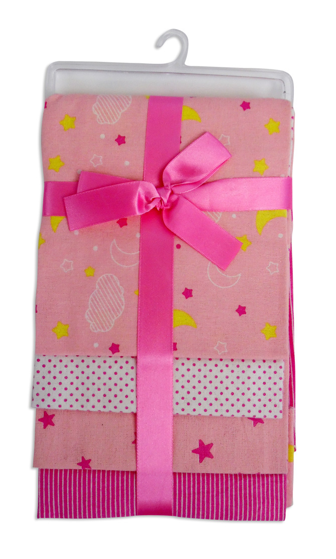 Pink baby blankets with ribbon.