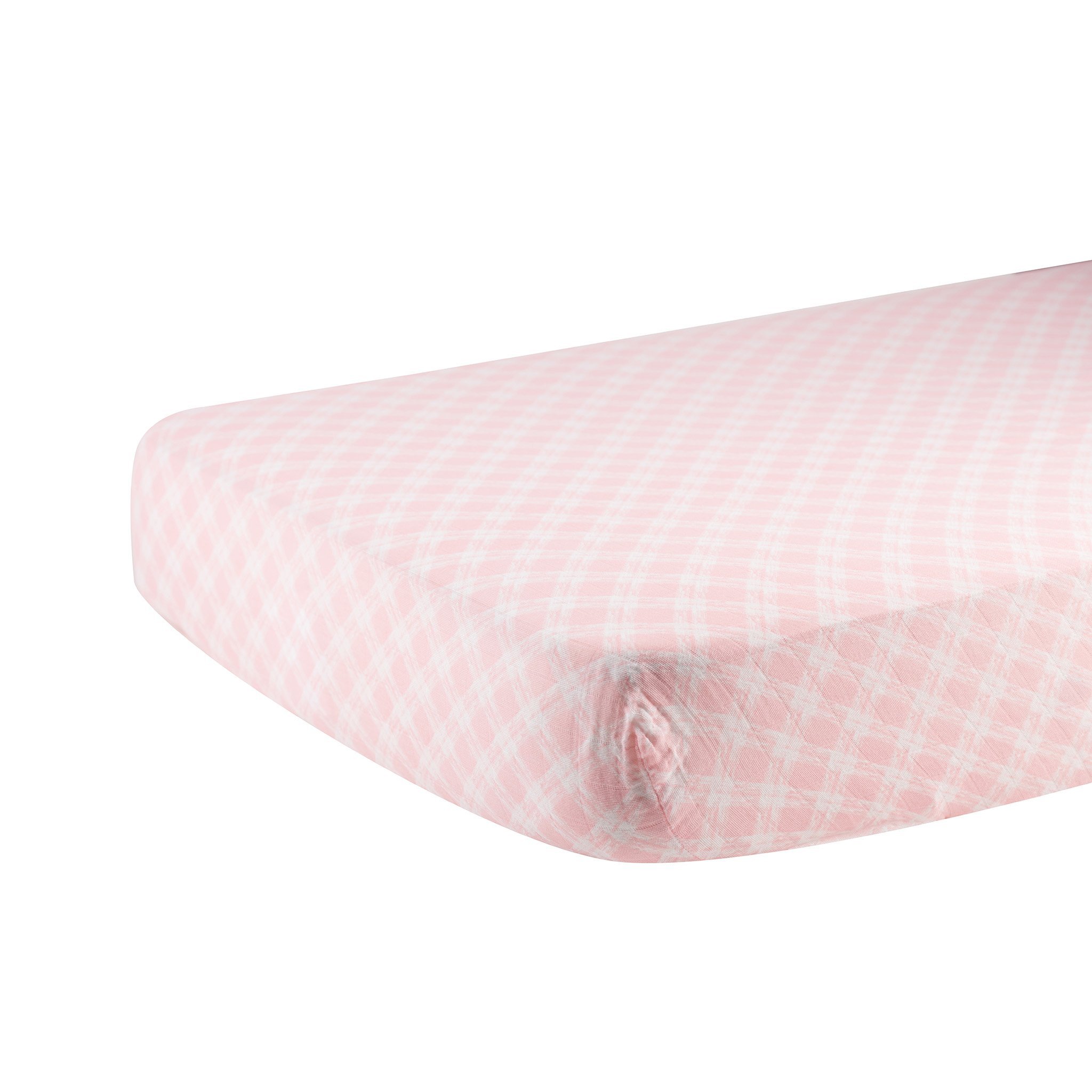 Primrose Pink Plaid Cotton Muslin Crib Sheet, soft and breathable, designed for standard crib mattresses.