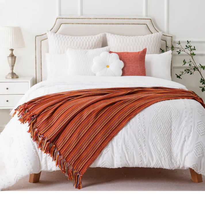 A cozy Varigated Tassel Throw featuring colorful patterns and tassels, perfect for home decor.