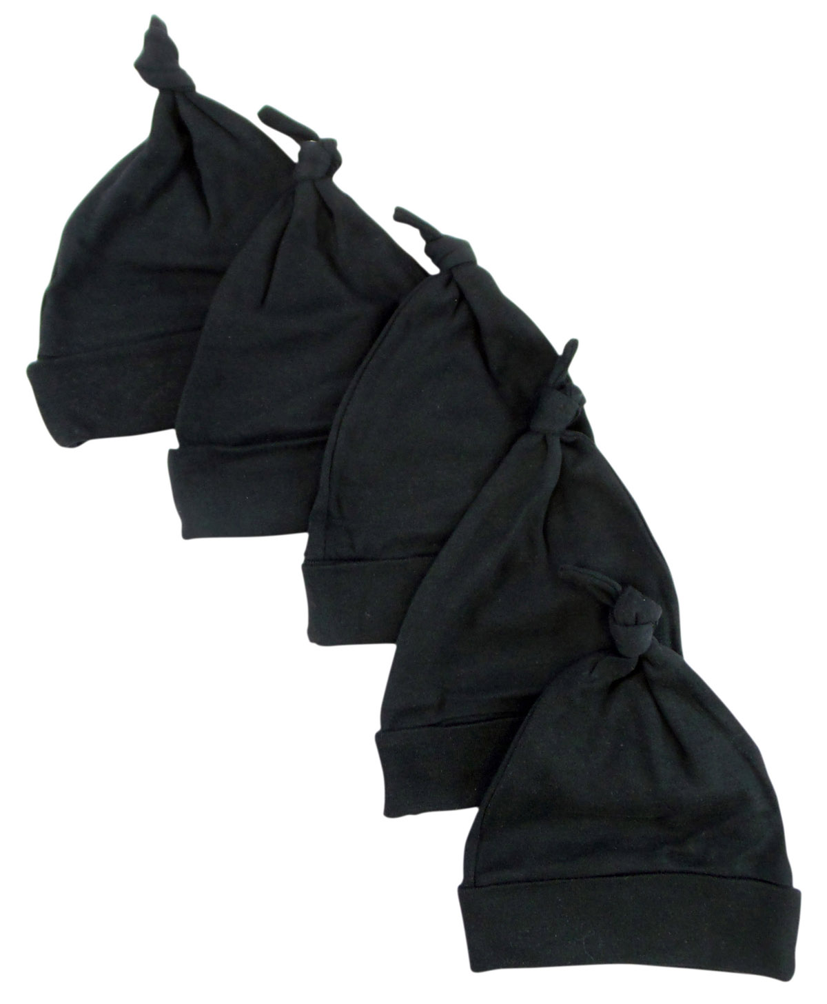 Five black knotted baby caps made from soft cotton, designed for infants up to 18 months, perfect for keeping babies warm in Autumn and Winter.