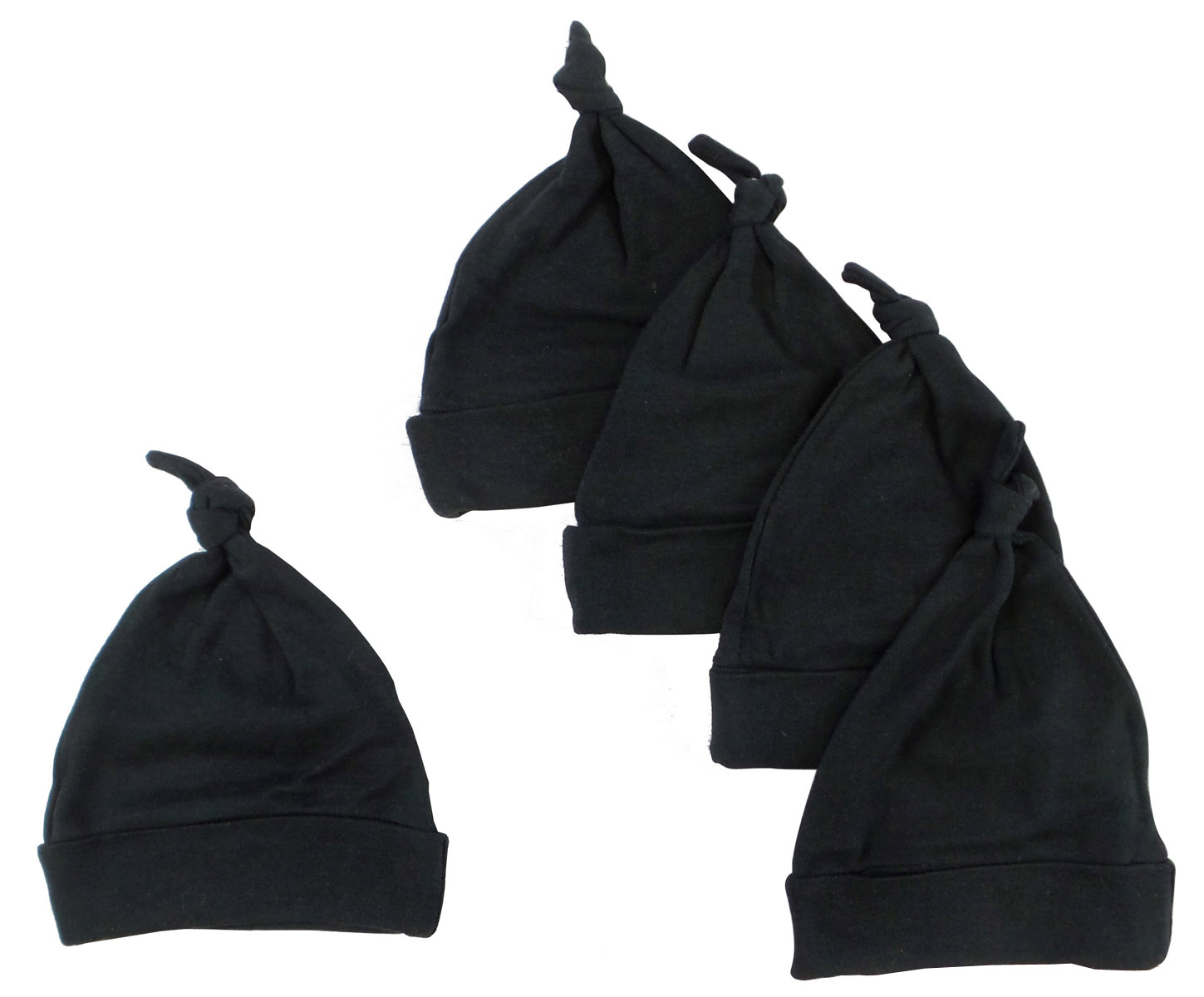 Five black knotted baby caps made from soft cotton, designed for infants up to 18 months, perfect for keeping babies warm in Autumn and Winter.