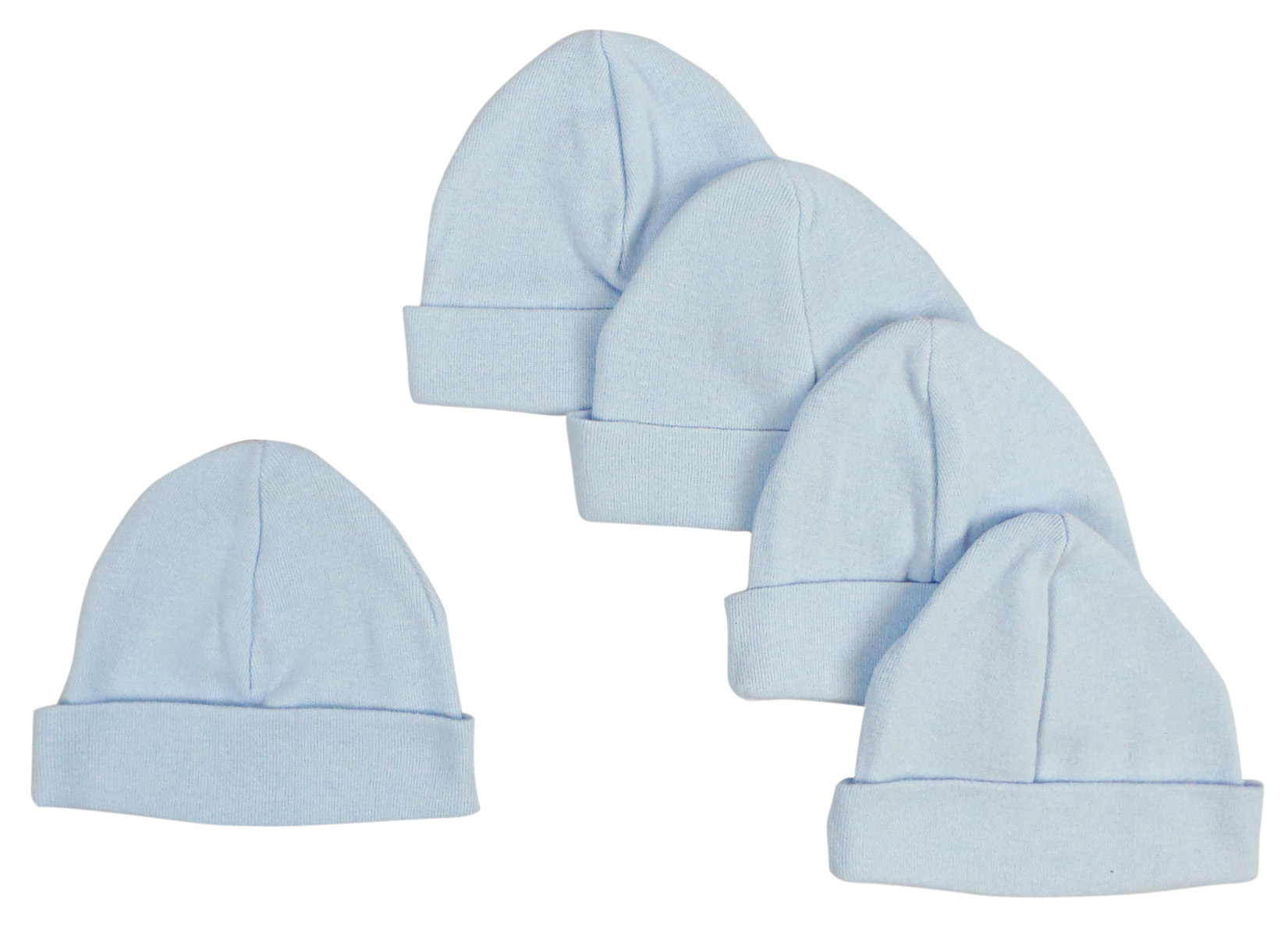 A pack of five pastel blue baby caps made from soft cotton, designed for infants with a stretchy fit for comfort.