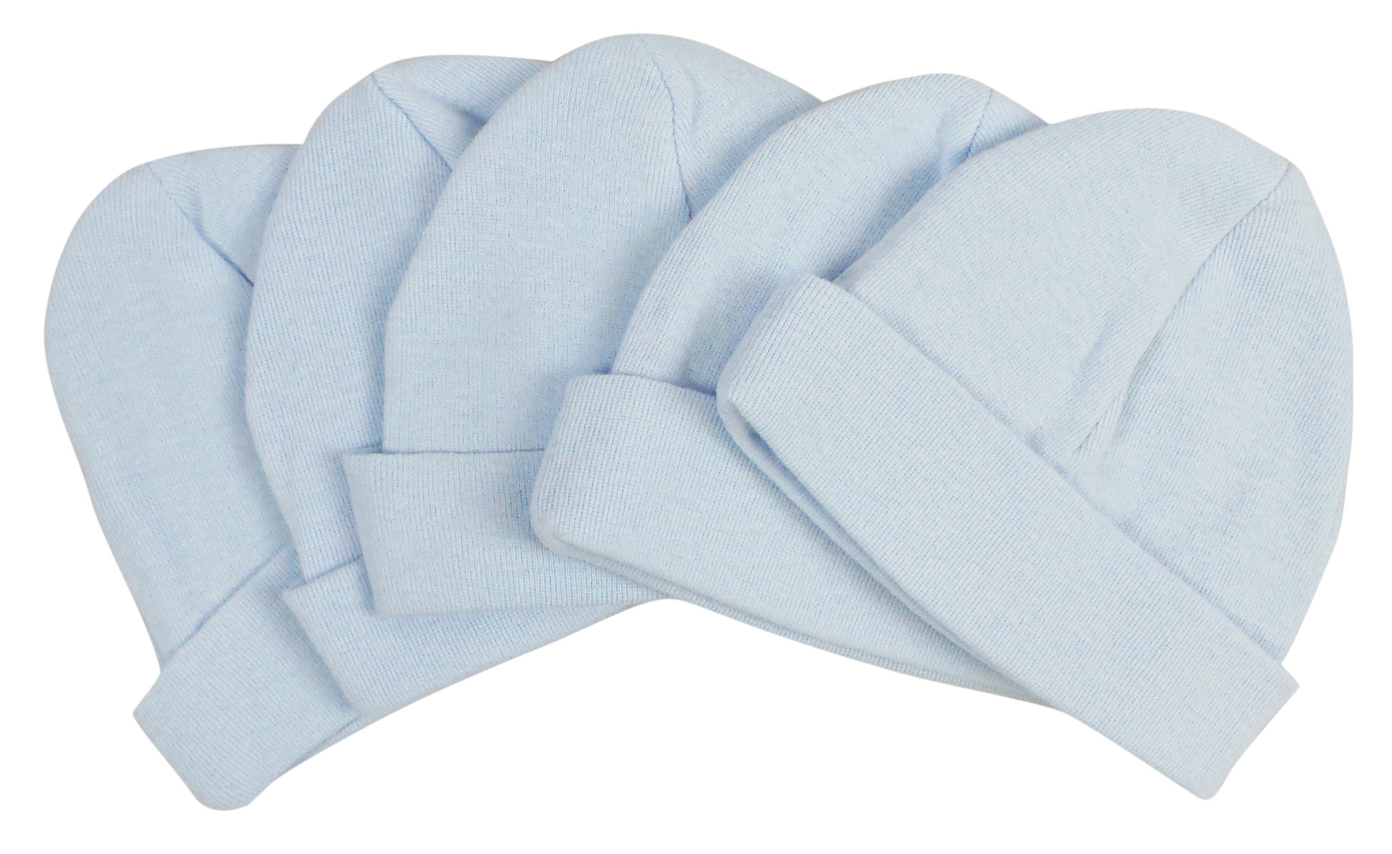 A pack of five pastel blue baby caps made from soft cotton, designed for infants with a stretchy fit for comfort.