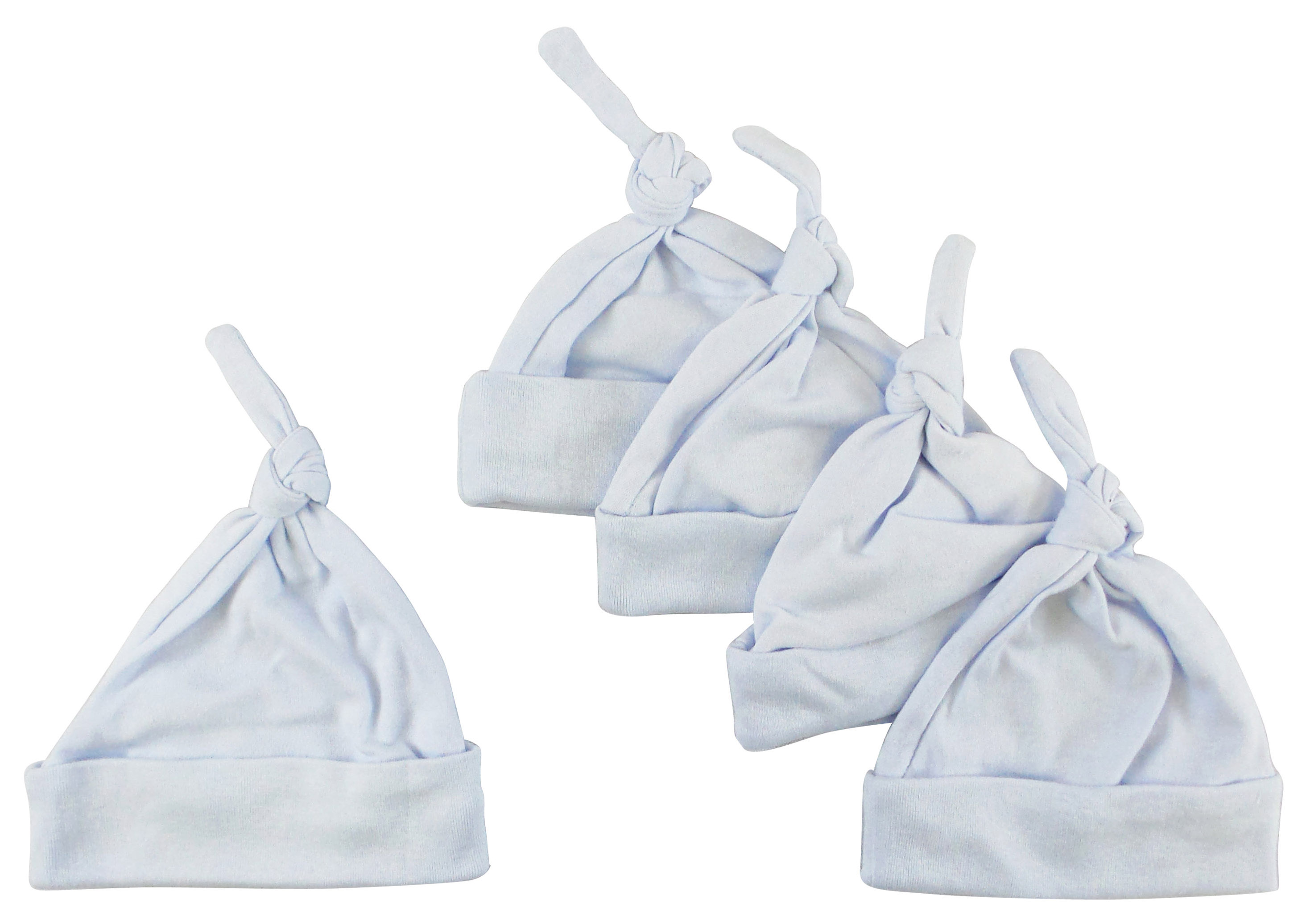 Five blue knotted baby caps made of soft cotton, designed for boys up to 18 months, displayed together.