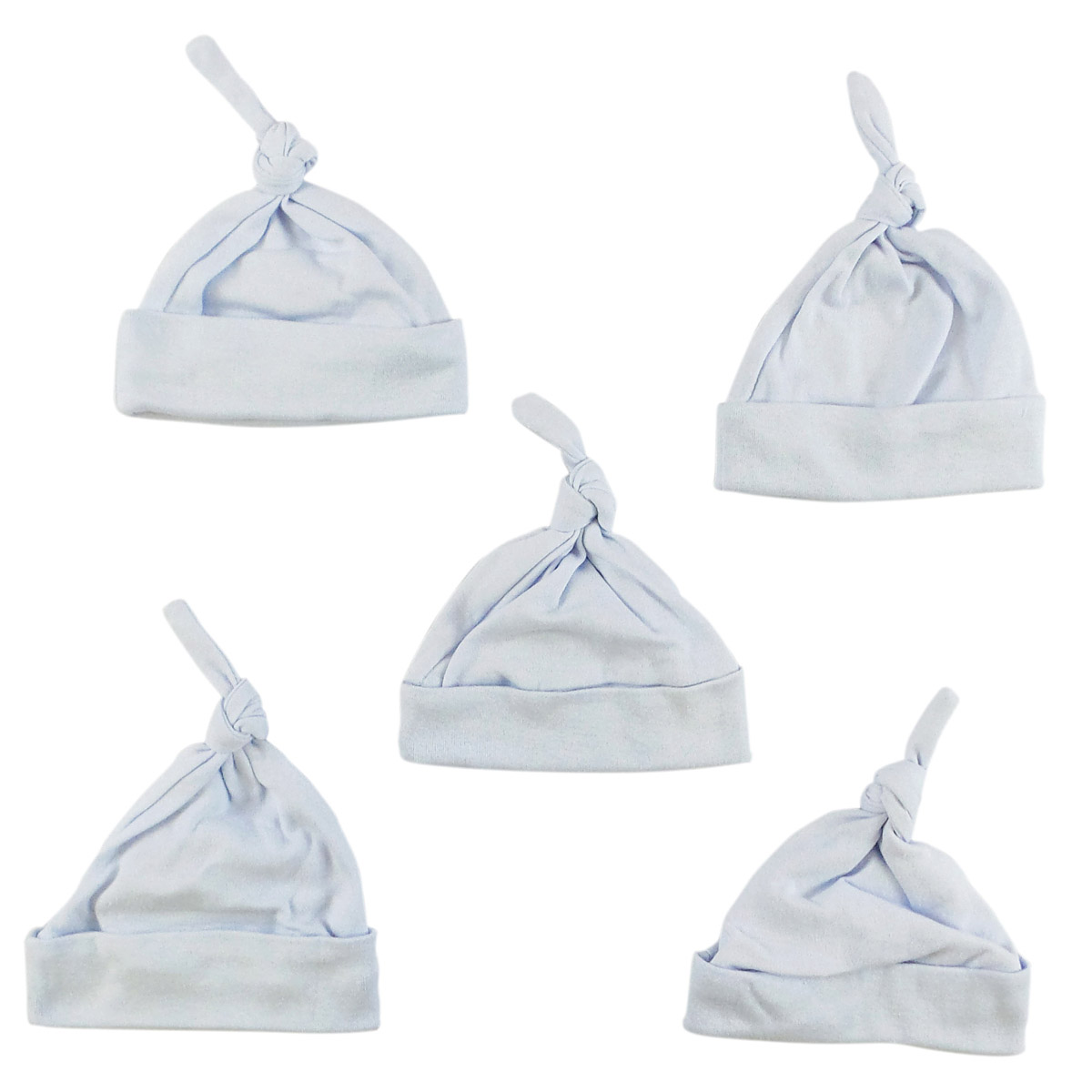 Five blue knotted baby caps made of soft cotton, designed for boys up to 18 months, displayed together.