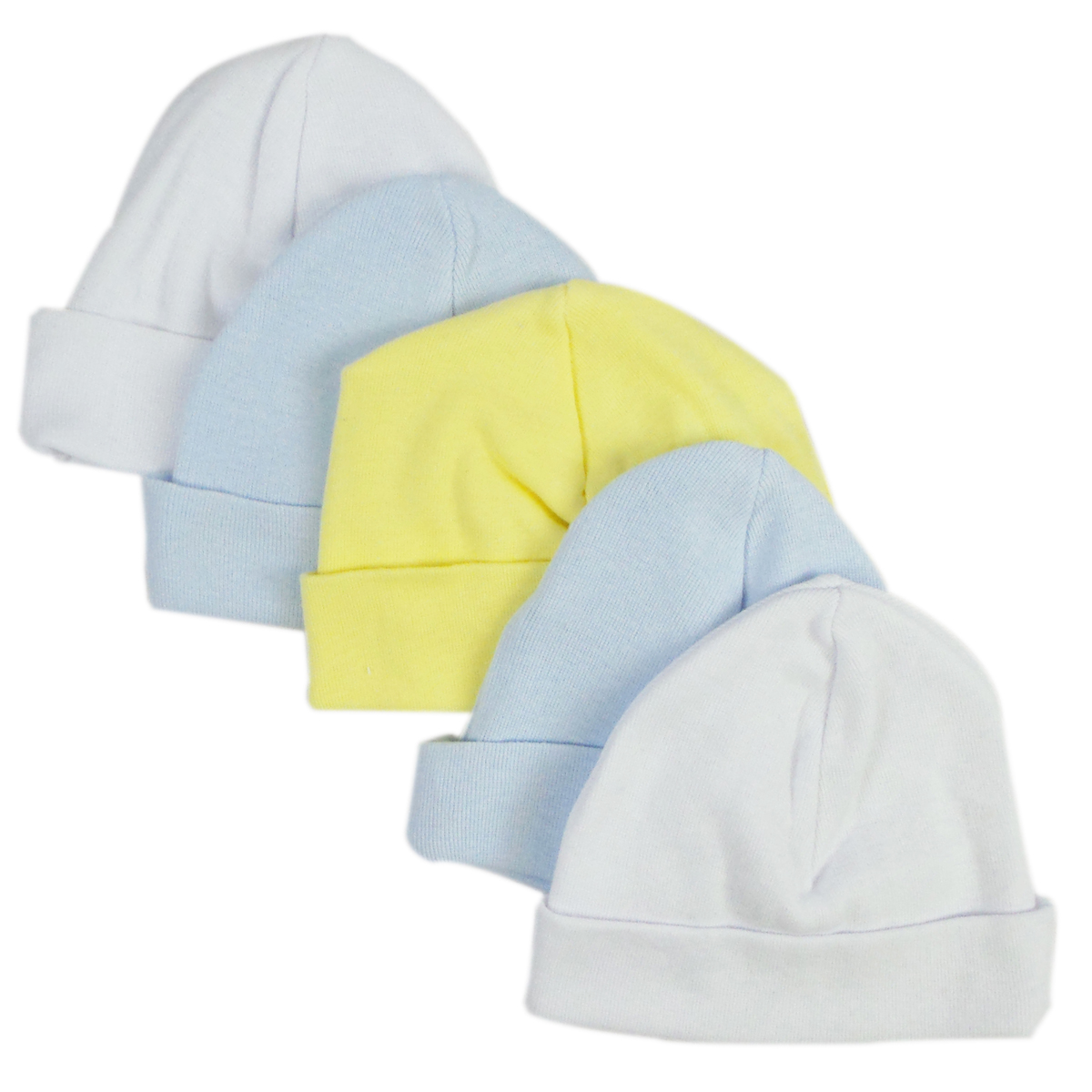 A pack of five blue and white baby caps made from soft cotton, designed for infants with a stretchy fit for comfort.