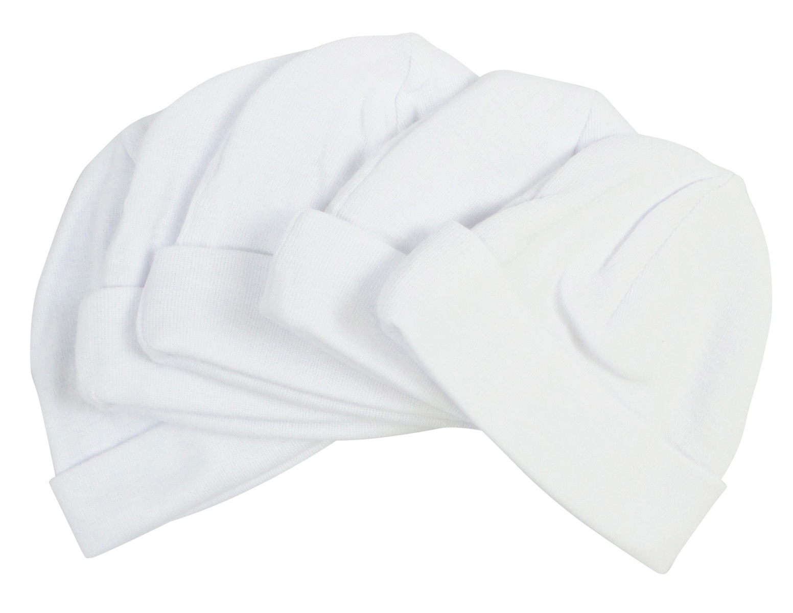 A pack of five blue and white baby caps made from soft cotton, designed for infants with a stretchy fit for comfort.