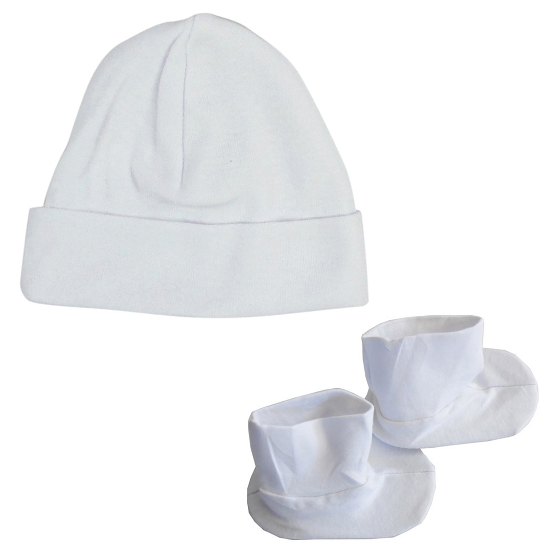 Infant Cap and Bootie Set in white, made from soft 100% cotton, featuring a cozy cap and matching booties designed for comfort and warmth.