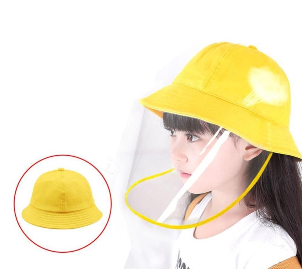 Children's bucket hat featuring a detachable transparent front panel for protection against dust and droplets, made from soft cotton and plastic.