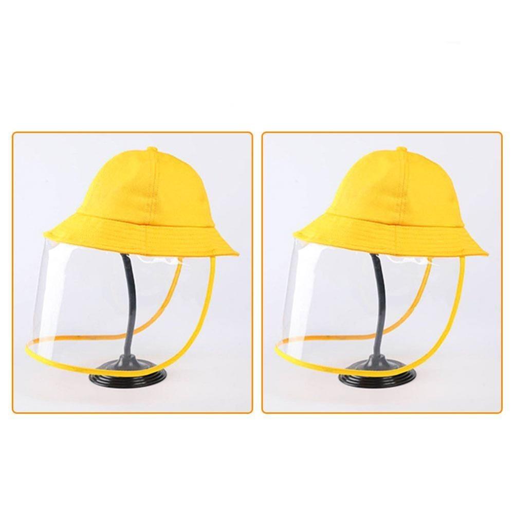 Children's bucket hat featuring a detachable transparent front panel for protection against dust and droplets, made from soft cotton and plastic.