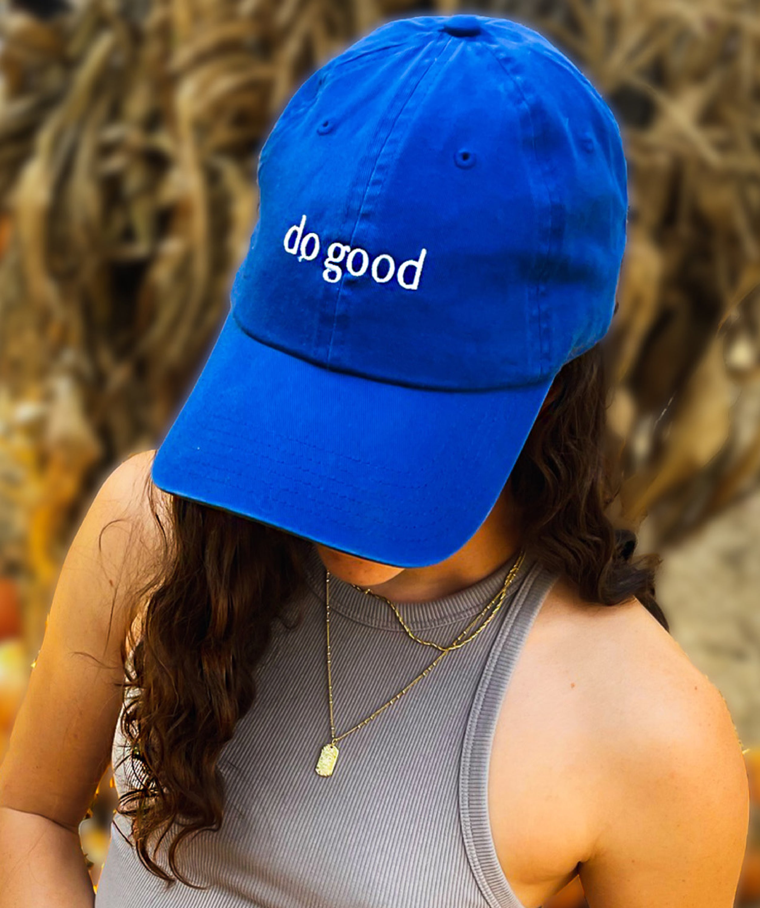 Classic Baseball Hat in Eternal Optimist Cobalt Blue with adjustable strap and 'Do Good' embroidery on the front and back.