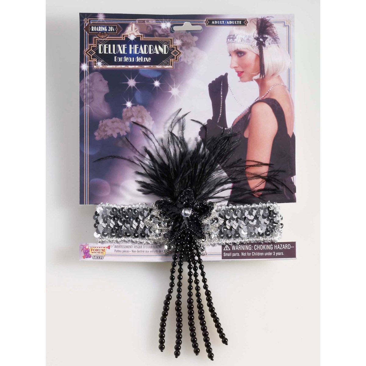 A glamorous silver 20s deluxe flapper headband designed for adults, featuring elegant embellishments perfect for themed parties.