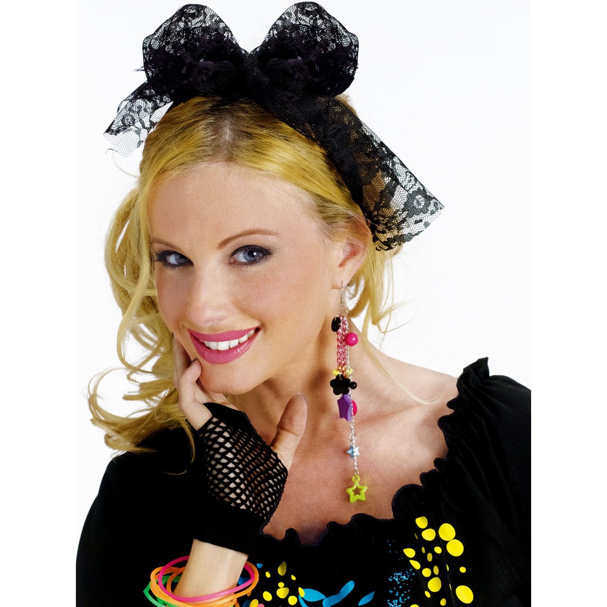 Forum Novelties 80s Black Lace Headband featuring intricate lace design, perfect for retro costumes and themed parties.