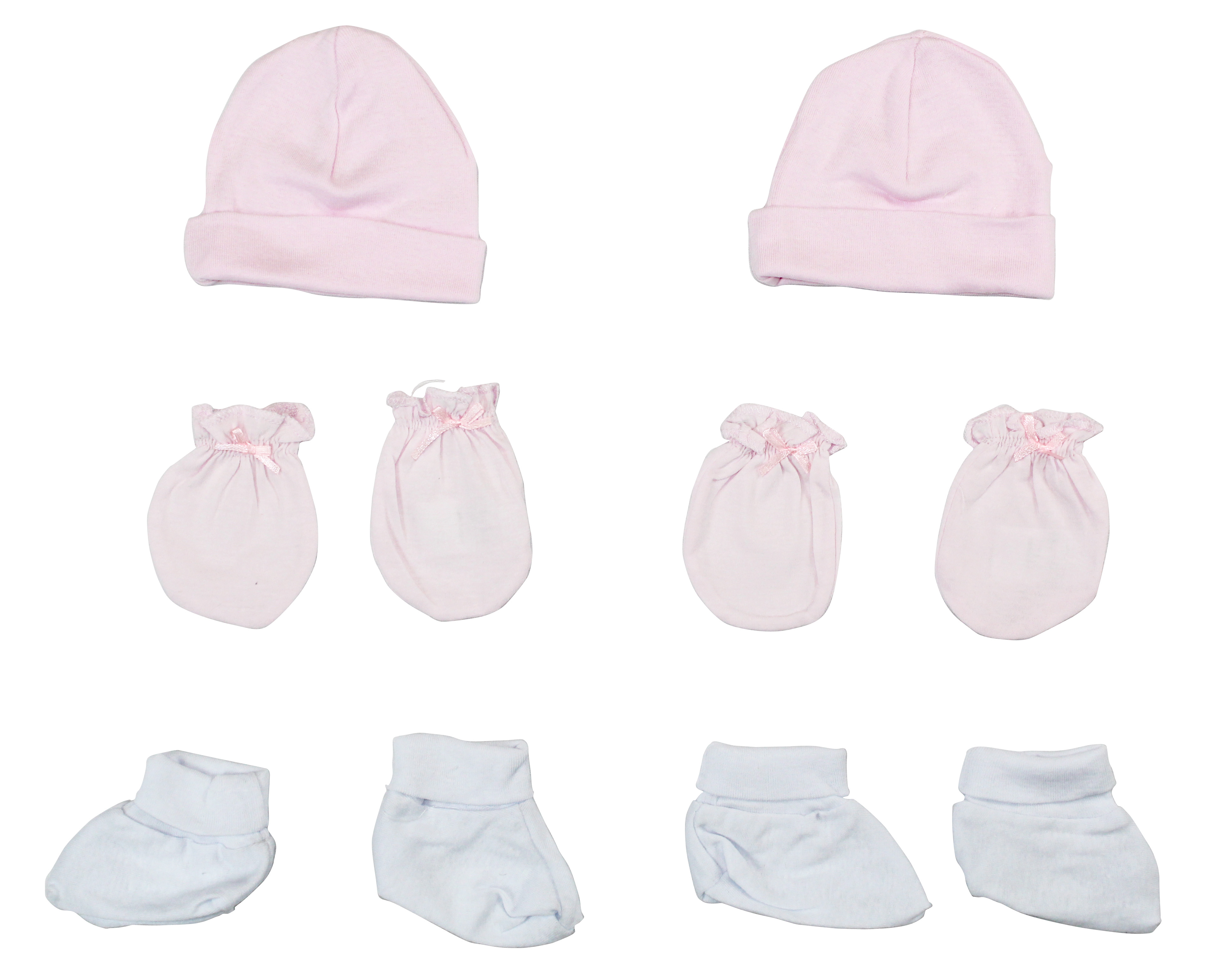 Girls' 6 Piece Layette Set featuring a pink cap, booties, and mittens made from soft cotton fabric, perfect for newborn comfort.