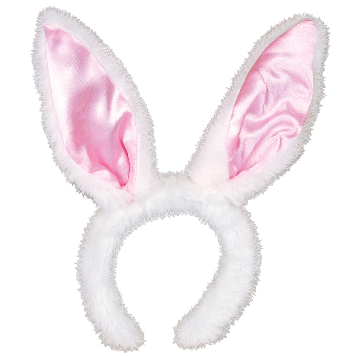 Morris Costumes Bunny Ears in white faux fur with pink satin inner ear, attached to a comfortable snap-on headband, perfect for Easter celebrations.