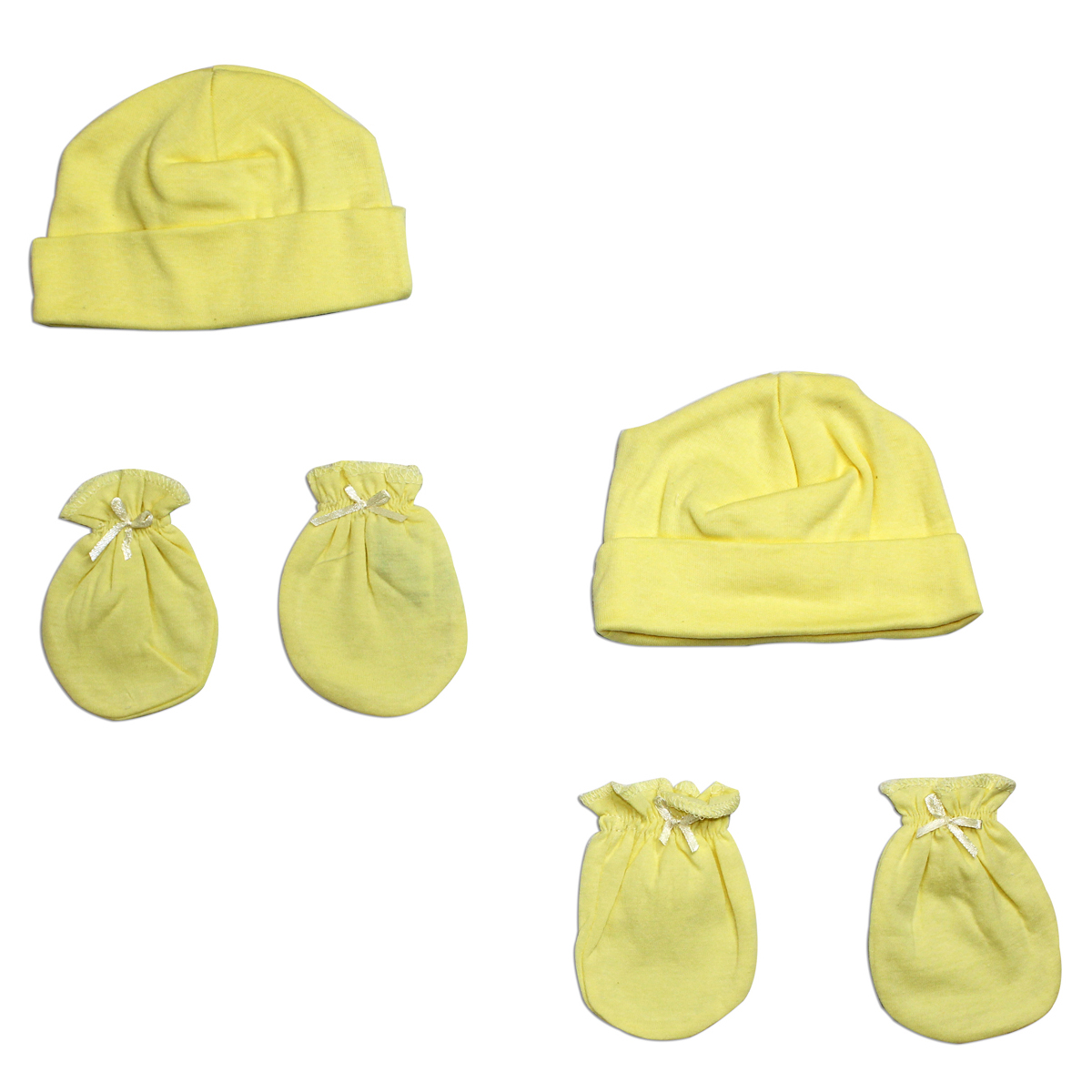 Neutral Baby Cap and Mittens 4 Piece Set featuring soft cotton fabric, expandable neckline, and ribbed leg openings for a snug fit.