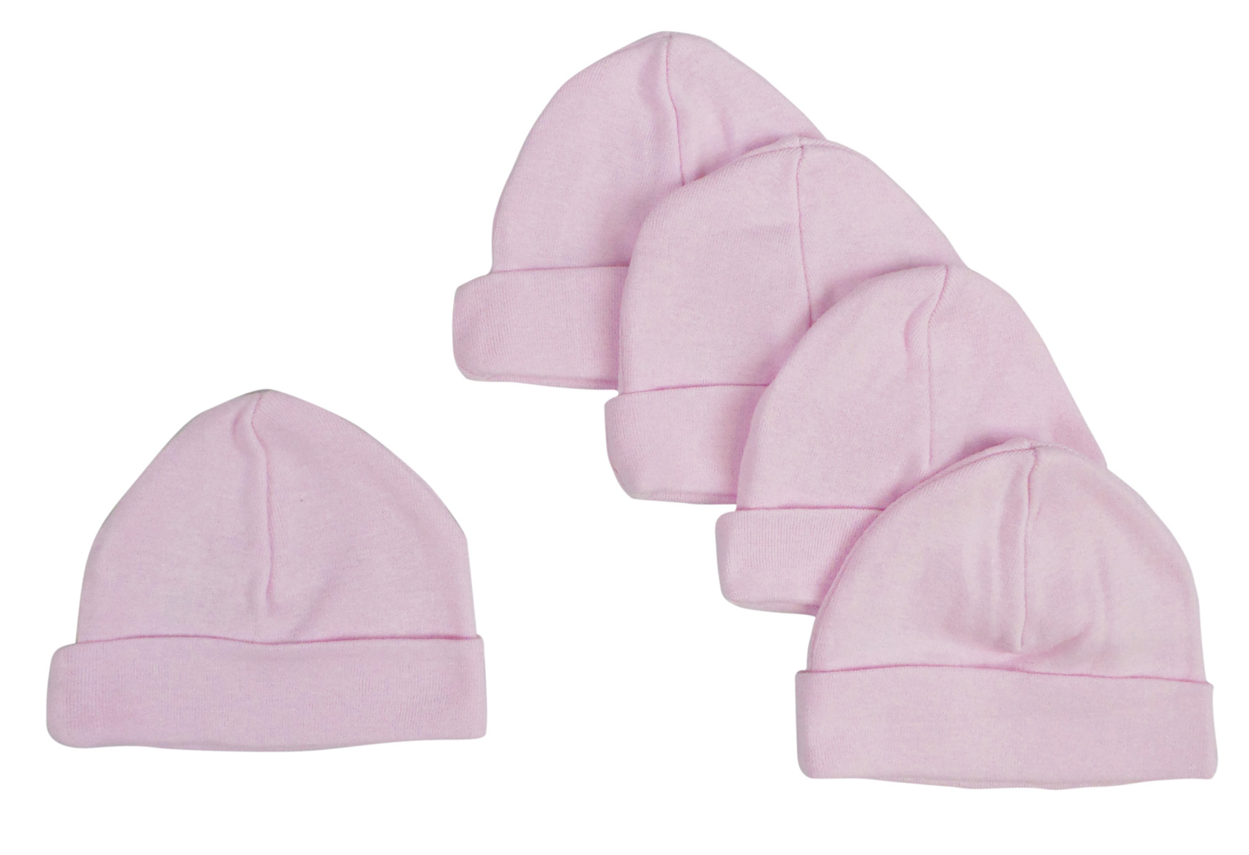 A pack of five pastel pink baby caps made from soft cotton, designed for infants with a stretchy fit for comfort and warmth.