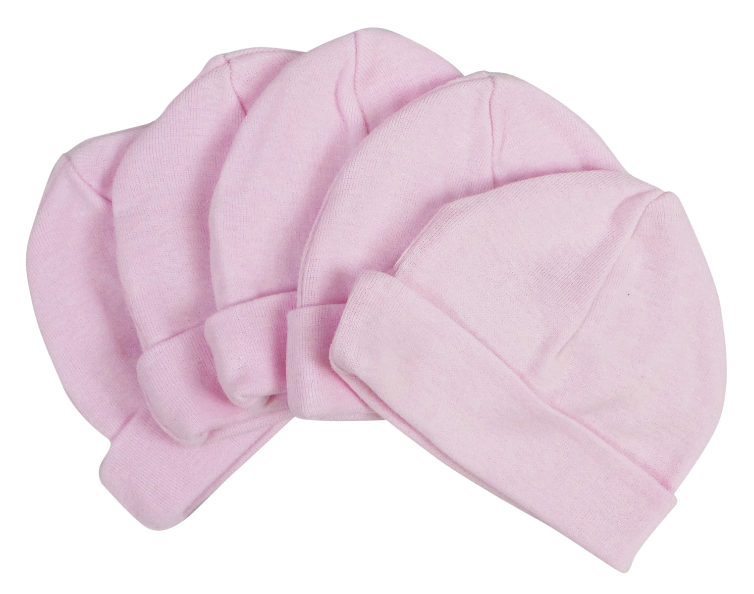 A pack of five pastel pink baby caps made from soft cotton, designed for infants with a stretchy fit for comfort and warmth.