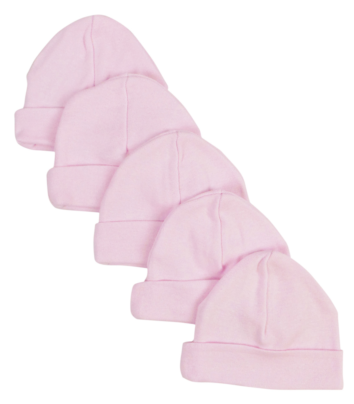 A pack of five pastel pink baby caps made from soft cotton, designed for infants with a stretchy fit for comfort and warmth.