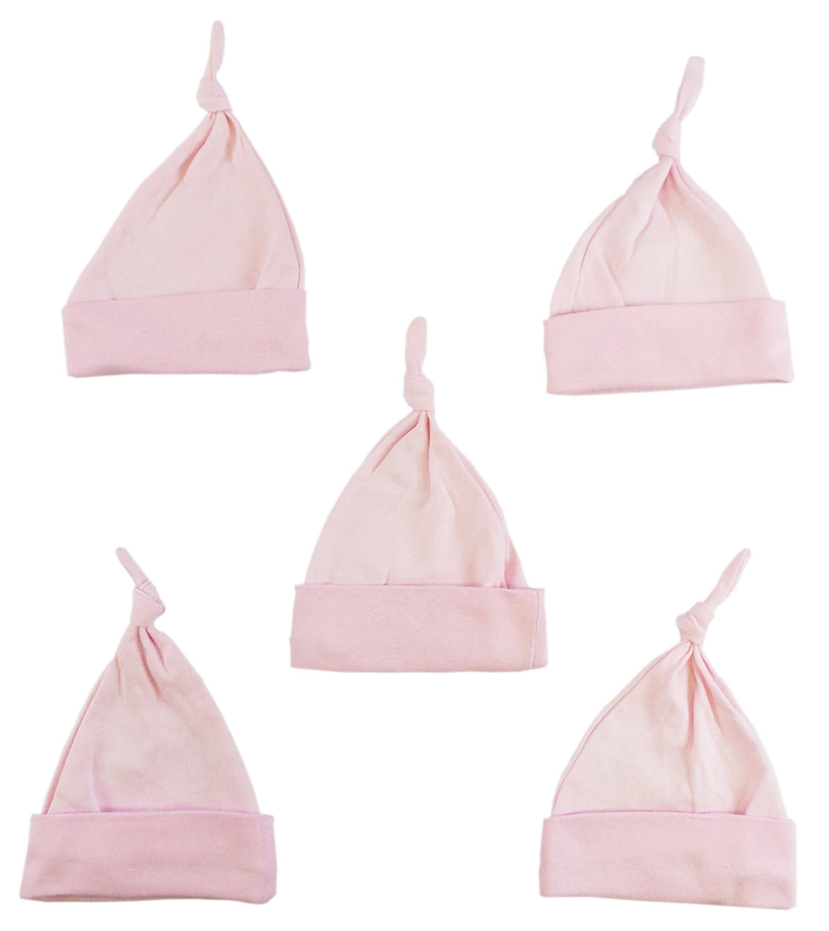 Five pink knotted baby caps made of soft cotton, designed for infants up to 18 months, perfect for keeping little heads warm in Autumn and Winter.