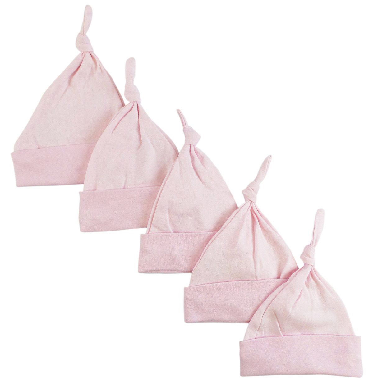 Five pink knotted baby caps made of soft cotton, designed for infants up to 18 months, perfect for keeping little heads warm in Autumn and Winter.