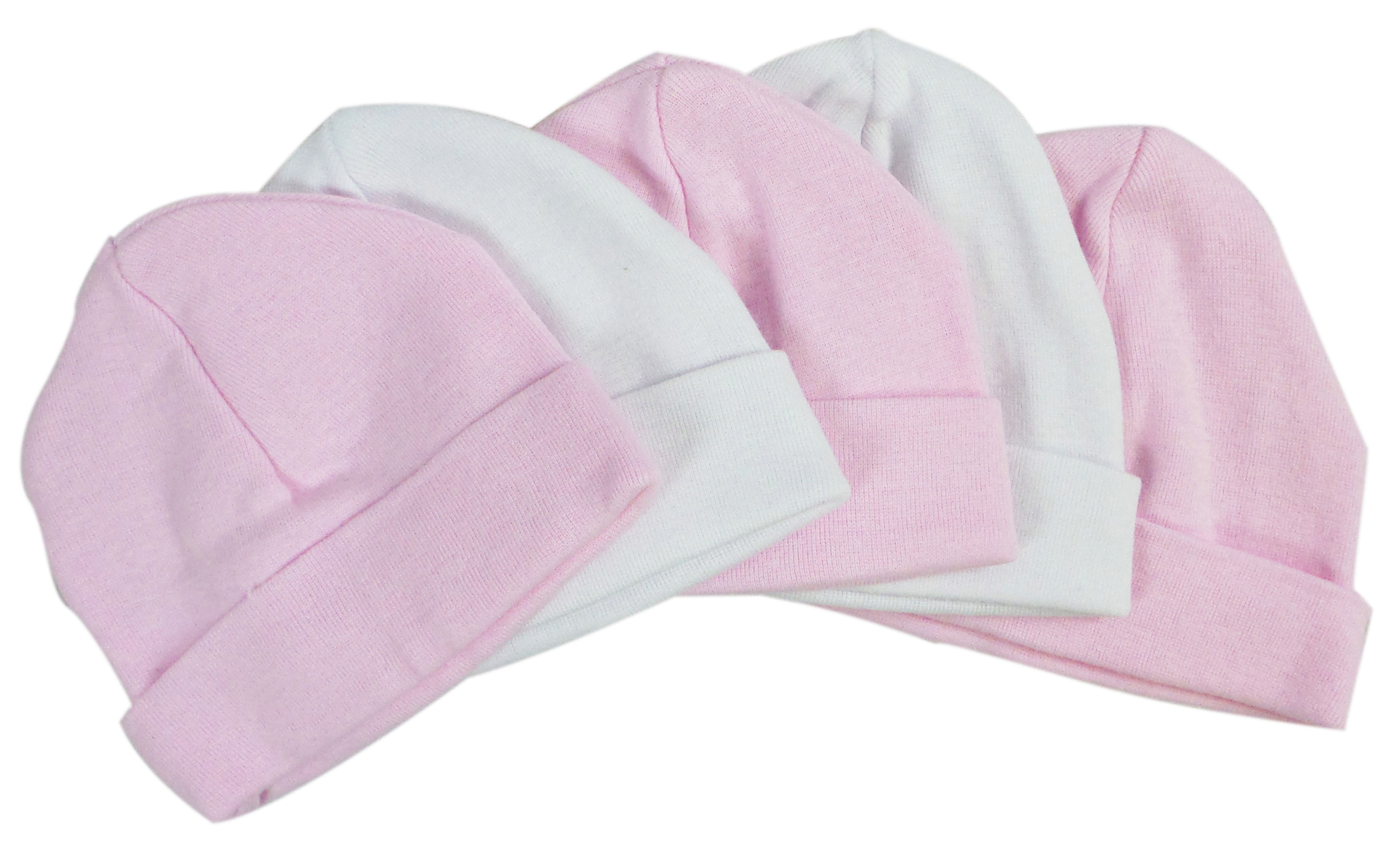 A pack of five pastel pink and white baby caps, made from soft cotton, perfect for newborns and infants, showcasing their stretchy and comfortable design.