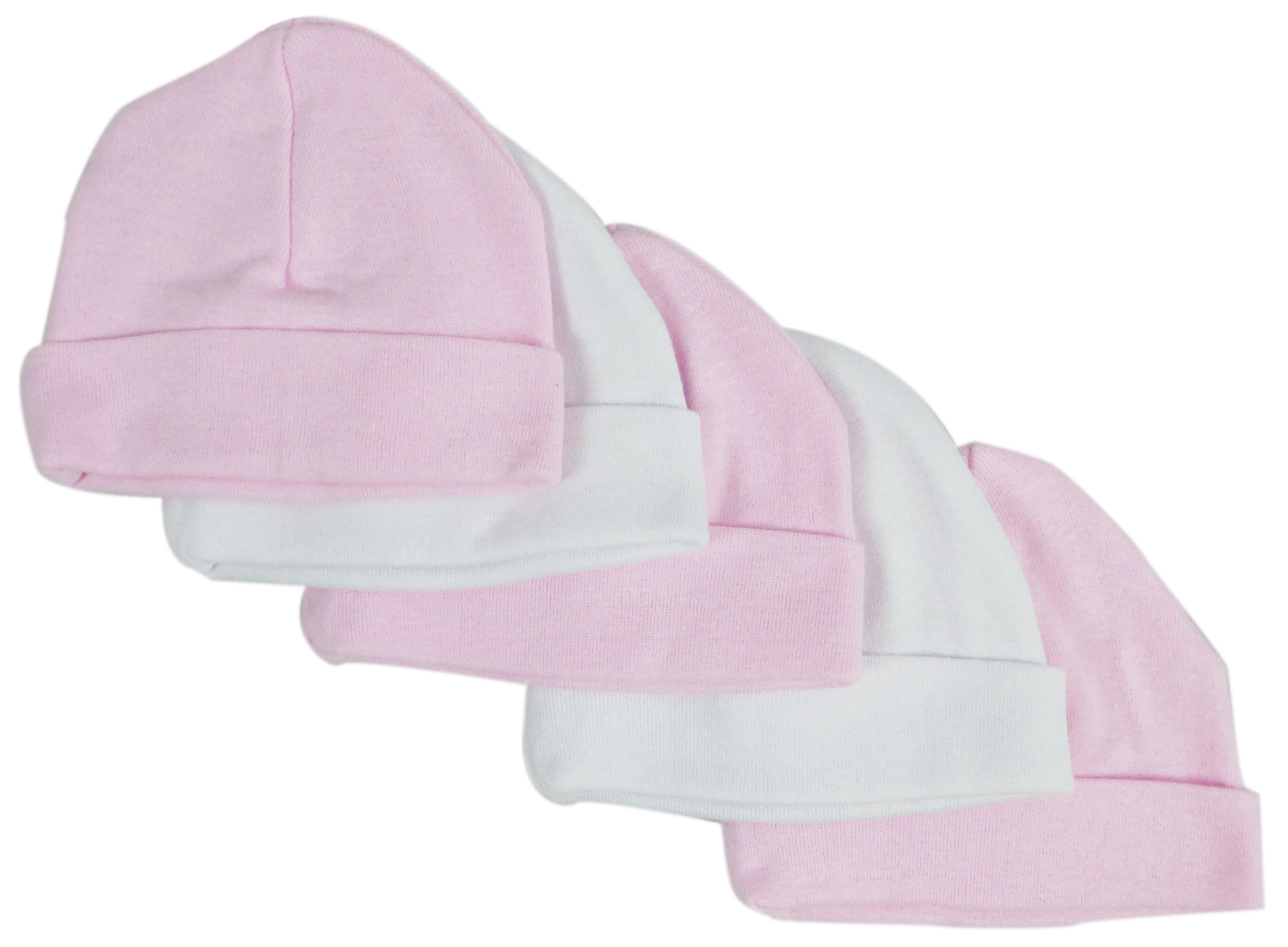 A pack of five pastel pink and white baby caps, made from soft cotton, perfect for newborns and infants, showcasing their stretchy and comfortable design.