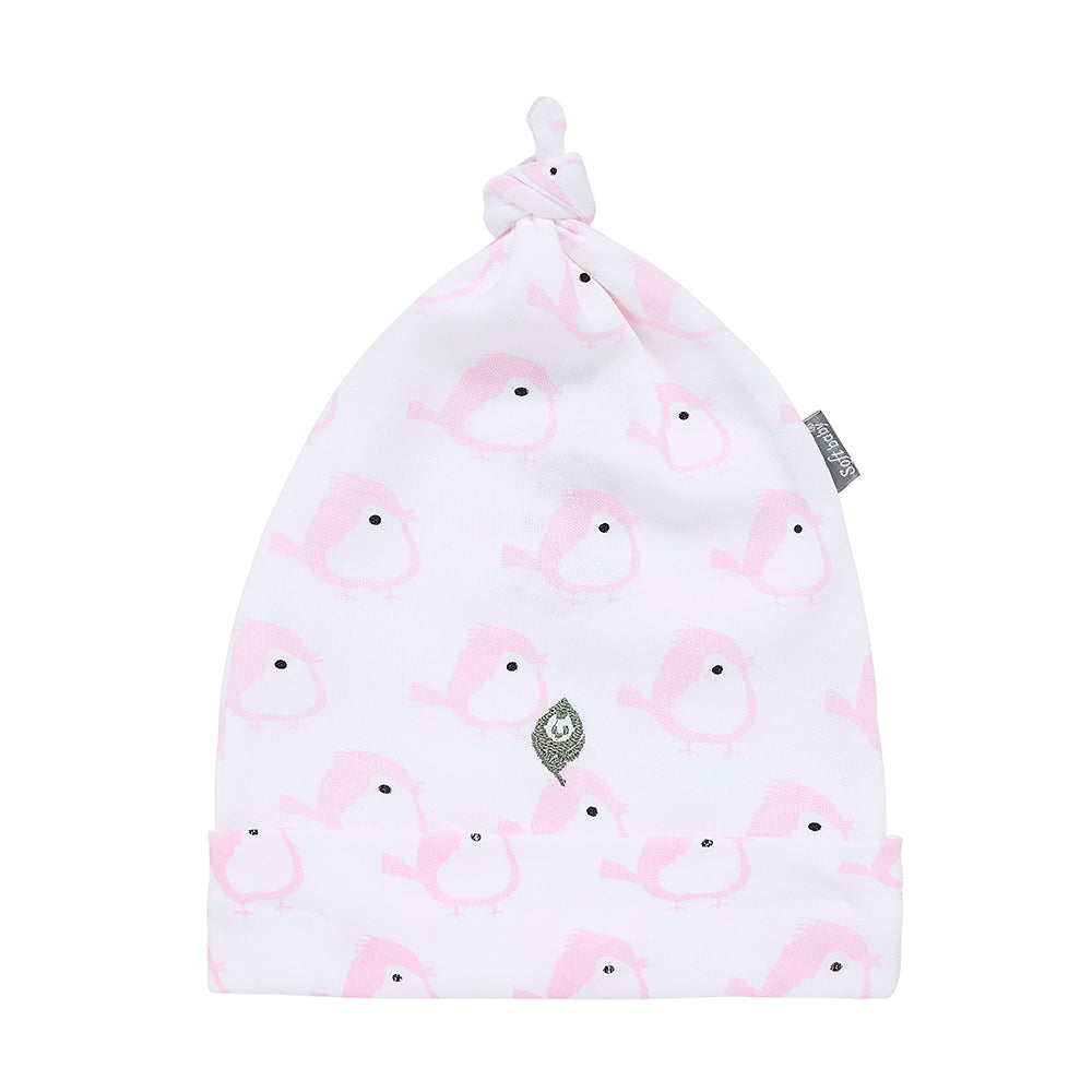 The Pink Birdie Hat made from 100% organic cotton, featuring a Baby-in-Leaf embroidery and vibrant water-based ink print, perfect for babies.