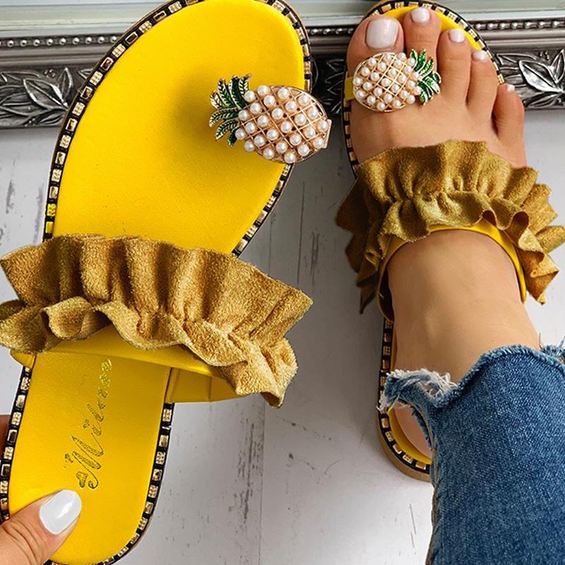 Main 2021 Summer Beach Pineapple Flat Slippers Outside Slides Ladies Shoes image