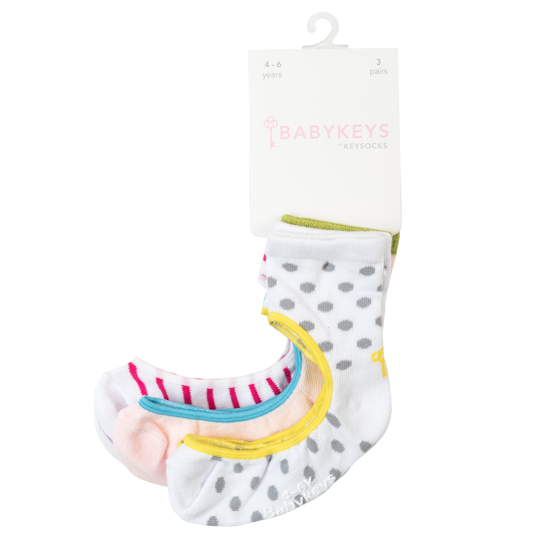 A pair of BabyKeys no-slip socks for babies, featuring a keyhole opening design, made from soft cotton blend material, available in various sizes.