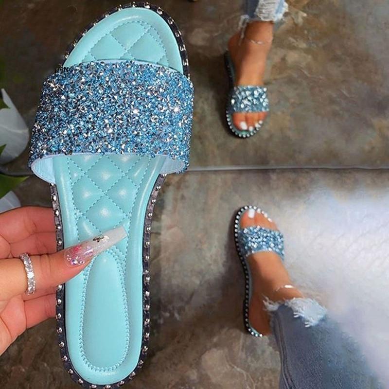 Main Crystal  Women Slippers Bling Bling Flats Female Beach Shoes Summer image