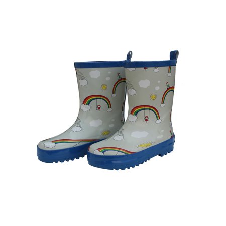 Colorful Foxfire Children's Rainbow Rain Boot size 5, featuring a vibrant rainbow print and sturdy rubber outsole for safety.