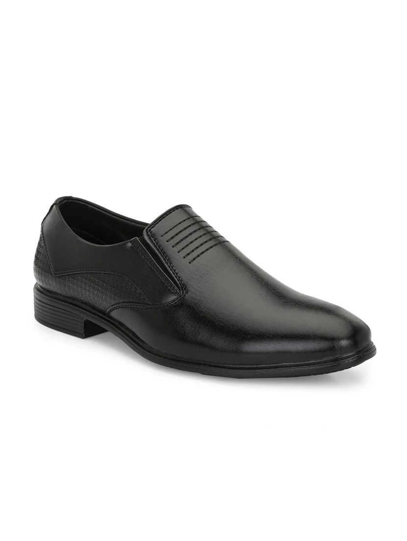 Men's textured black formal slip-on shoes with a sleek design, perfect for work and formal occasions.