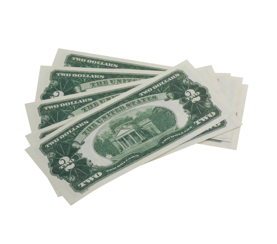 A stack of 1920s Series Vintage $2 Bills with a white bank strap, showcasing detailed vintage design.